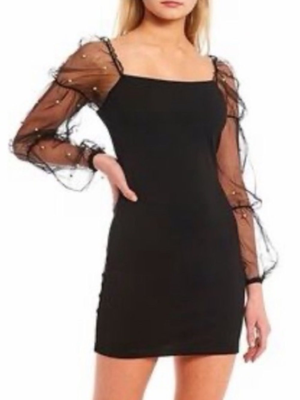 Black Pearl-Embellished Mesh Sleeve Mini Dress